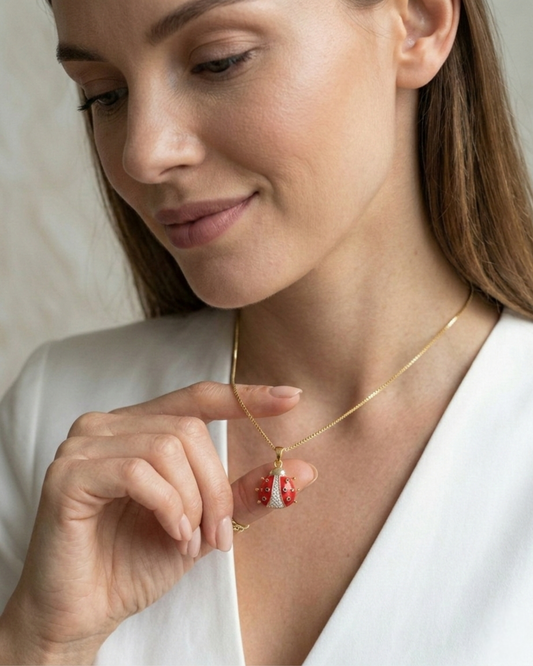 Maestra Beatrix 18k gold-plated ladybug charm necklace, red enamel ladybug jewelry, waterproof and life-proof.