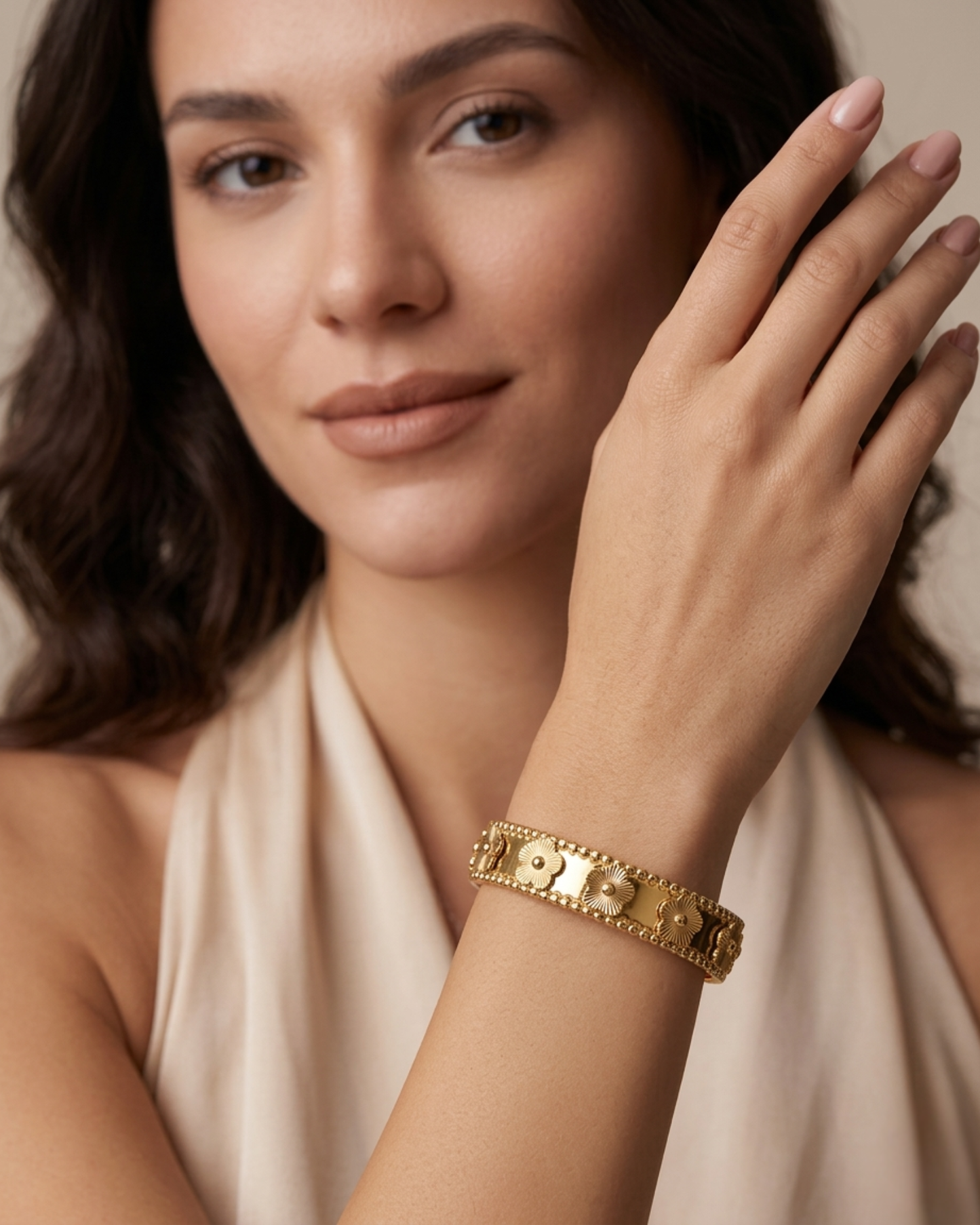 Maestra Flora Radiant Bloom 18k gold-plated floral bangle, feminine anti-tarnish jewelry for spring styling.