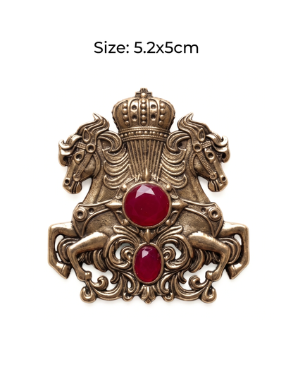 Stallion & Crown Ruby-Red Brass Brooch