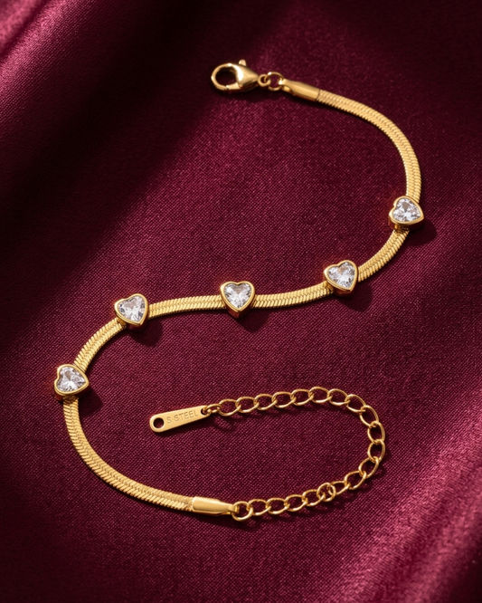 Maestra Amora 18k gold-plated radiant heart snake chain bracelet, romantic waterproof heart jewelry.