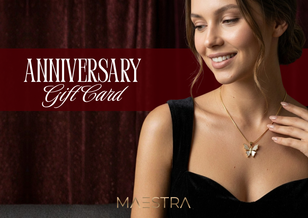 Maestra Anniversary digital gift card for 18k gold-plated, waterproof, and anti-tarnish demi-fine jewelry.