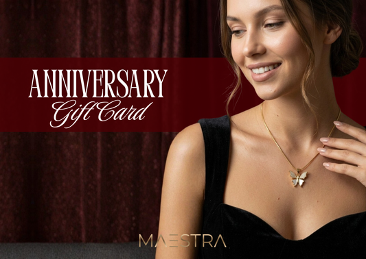 Maestra Anniversary digital gift card for 18k gold-plated, waterproof, and anti-tarnish demi-fine jewelry.