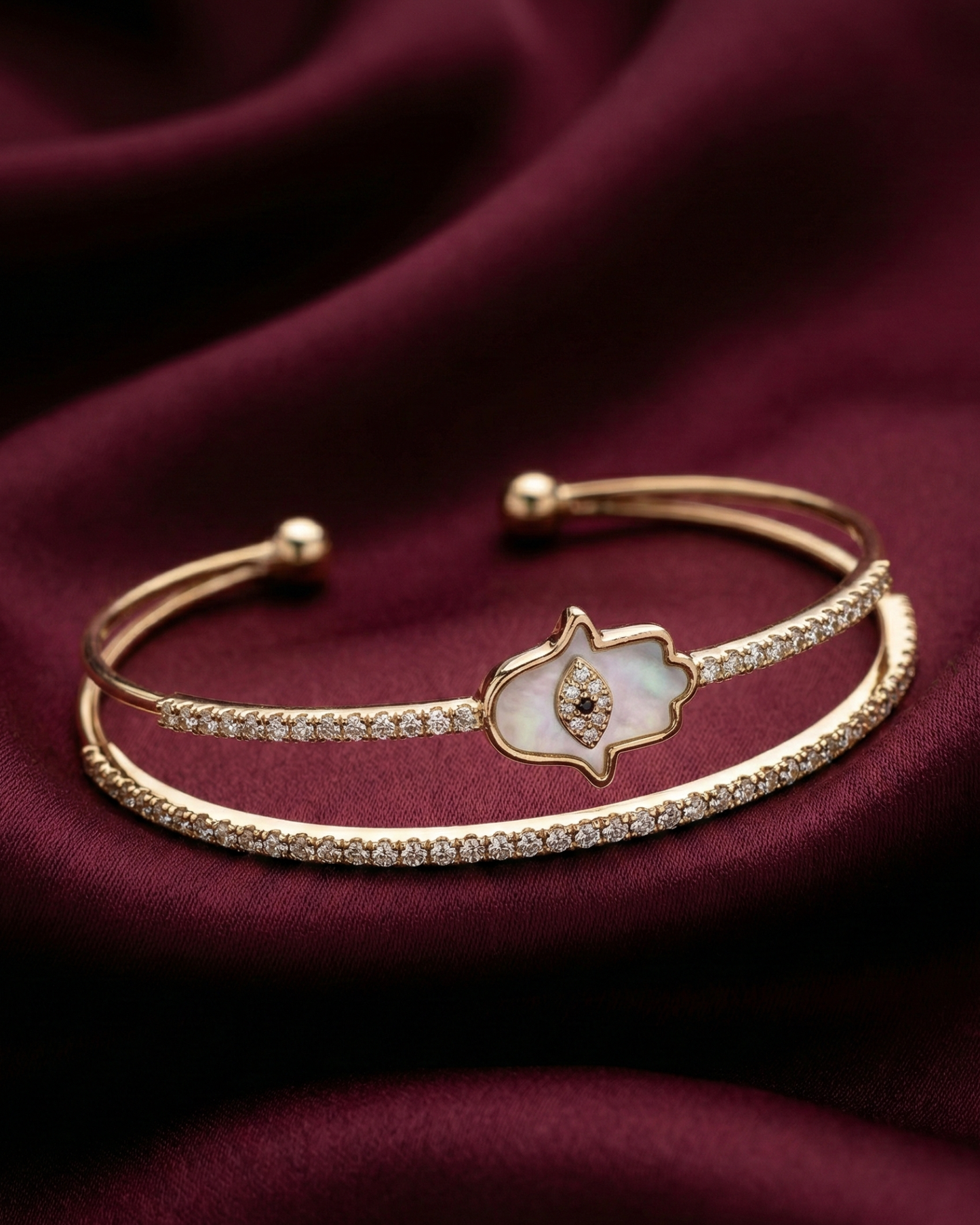 Maestra Asteria 18k gold-plated hamsa cuff bracelet, anti-tarnish symbolic jewelry for stacking.