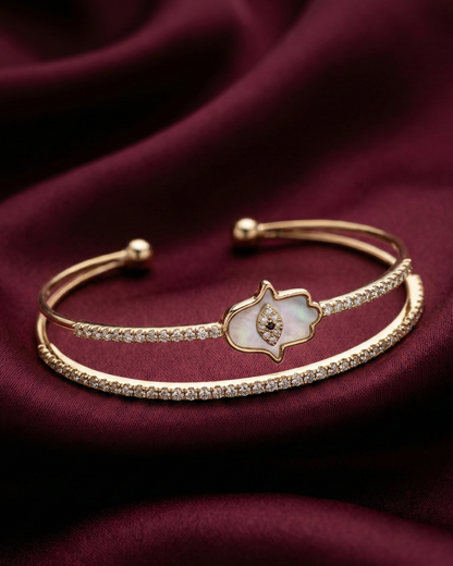 Maestra Asteria 18k gold-plated hamsa cuff bracelet, anti-tarnish symbolic jewelry for stacking.