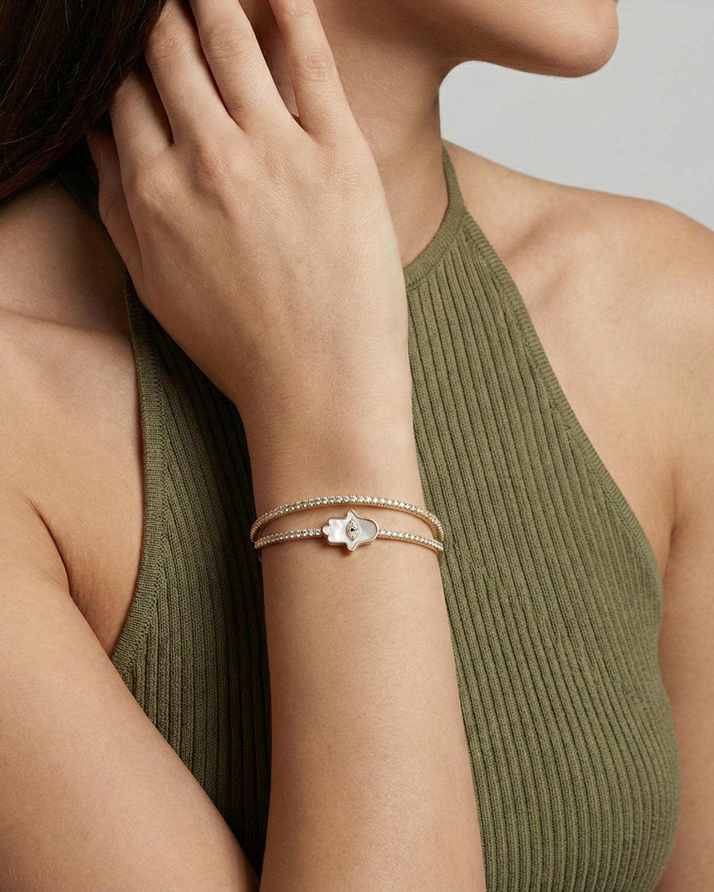 Maestra Asteria 18k gold-plated hamsa cuff bracelet, anti-tarnish symbolic jewelry for stacking.