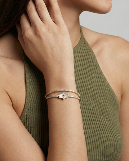 Maestra Asteria 18k gold-plated hamsa cuff bracelet, anti-tarnish symbolic jewelry for stacking.