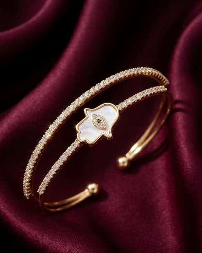 Maestra Asteria 18k gold-plated hamsa cuff bracelet, anti-tarnish symbolic jewelry for stacking.