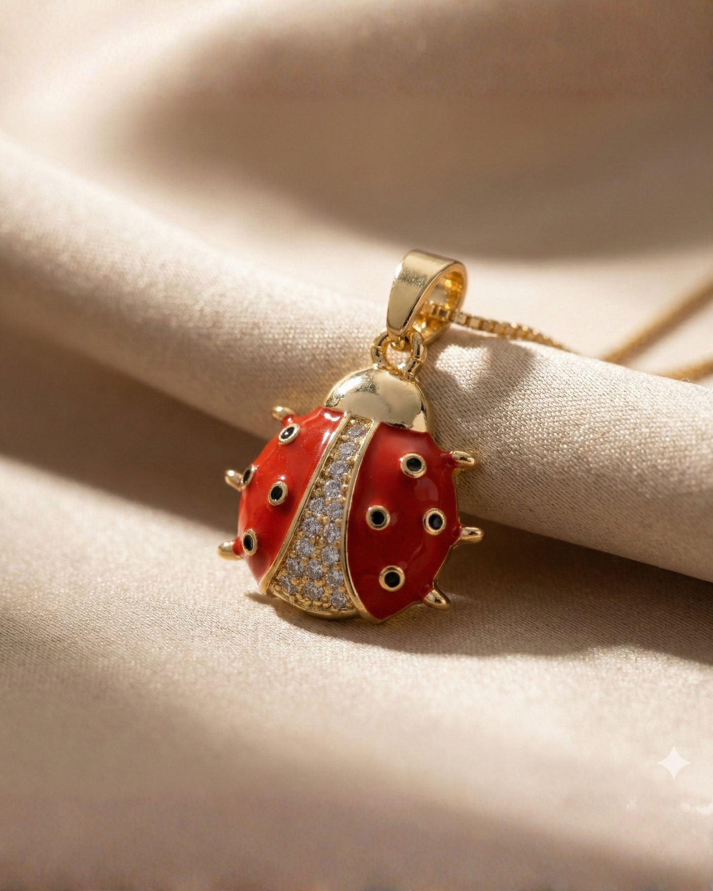 Maestra Beatrix 18k gold-plated ladybug charm necklace, red enamel ladybug jewelry, waterproof and life-proof.