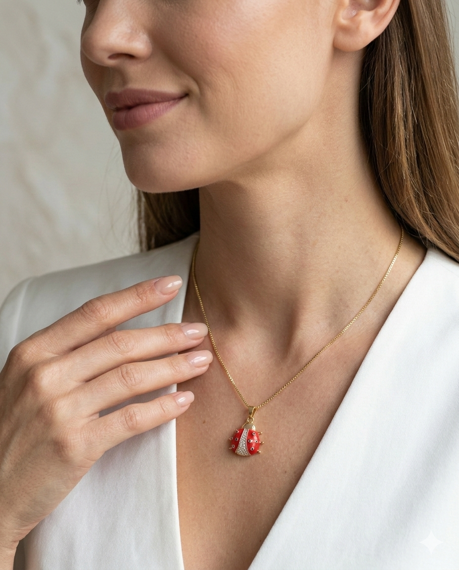 Maestra Beatrix 18k gold-plated ladybug charm necklace, red enamel ladybug jewelry, waterproof and life-proof.