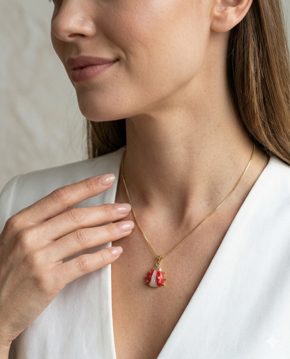 Maestra Beatrix 18k gold-plated ladybug charm necklace, red enamel ladybug jewelry, waterproof and life-proof.