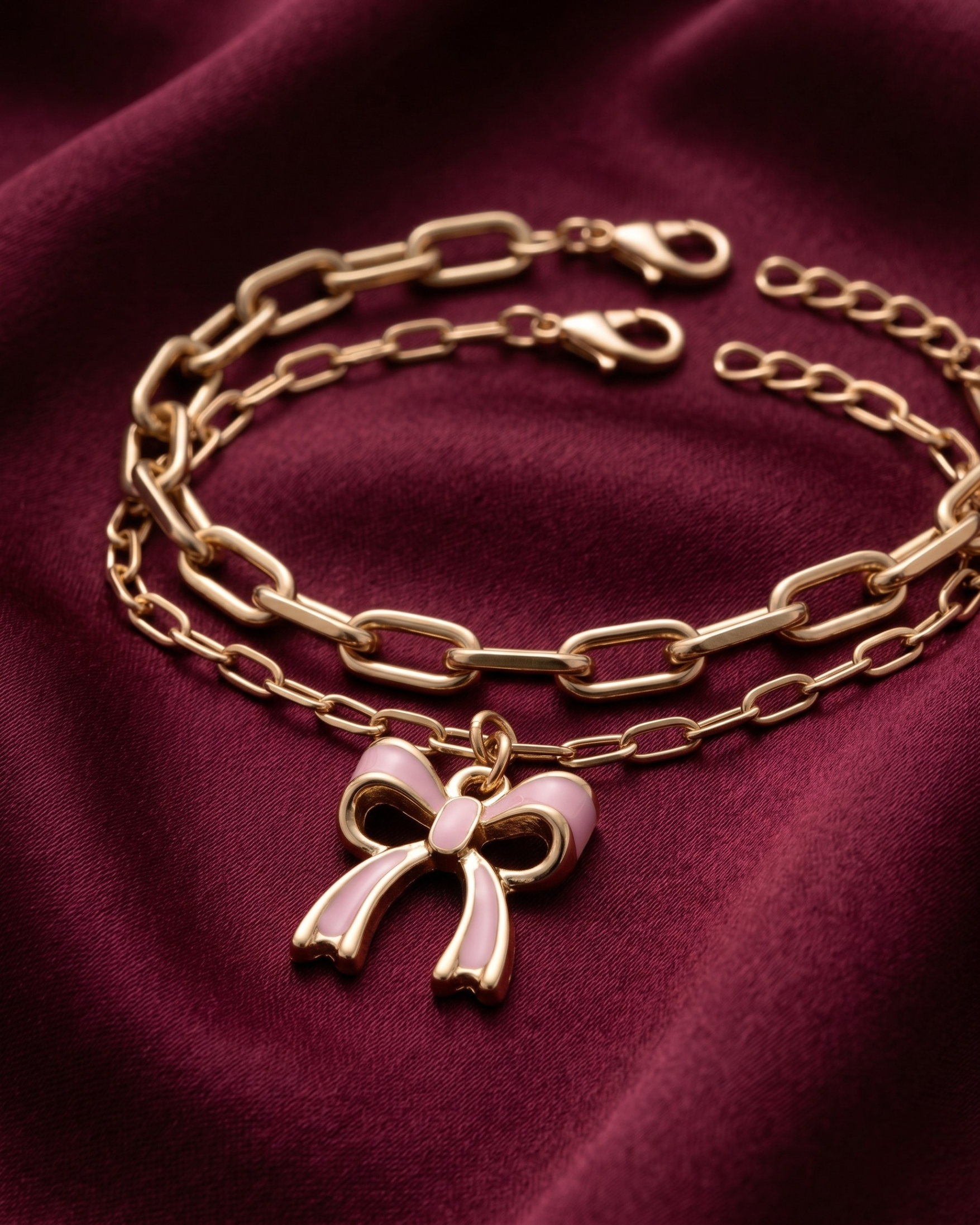 Gold plated white bow charm bracelet stack for women. 2 piece layered paperclip link bracelets India. Lightweight office wear jewelry for working women. White enamel ribbon charm bracelet set alloy. Diwali and Rakhi jewelry gifts for wives. Gold tone festive wrist accessories for girls, women, and friends.