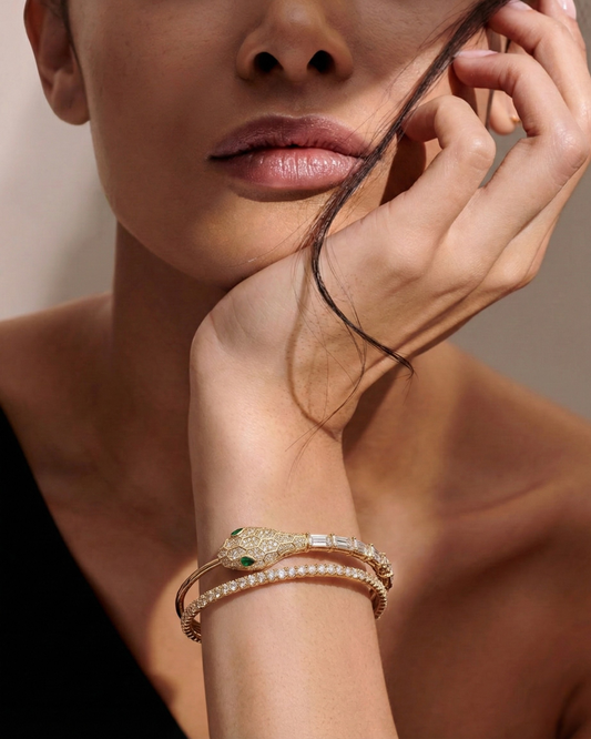 Maestra Cleo 18k gold-plated radiant serpent cuff, luxury snake-motif waterproof jewelry for women.