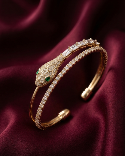 Maestra Cleo 18k gold-plated radiant serpent cuff, luxury snake-motif waterproof jewelry for women.
