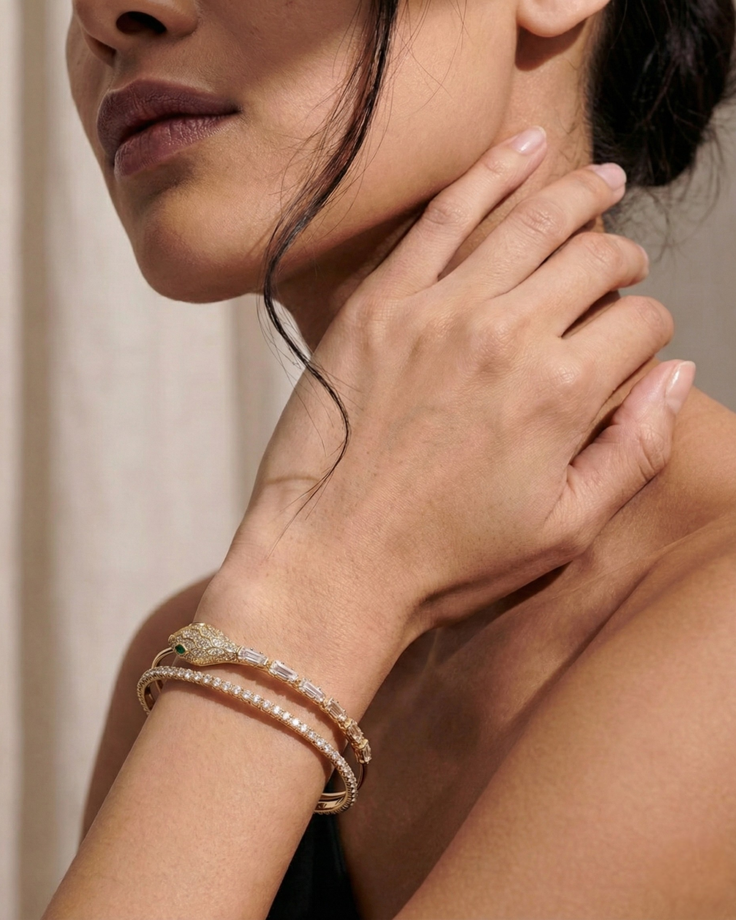 Maestra Cleo 18k gold-plated radiant serpent cuff, luxury snake-motif waterproof jewelry for women.