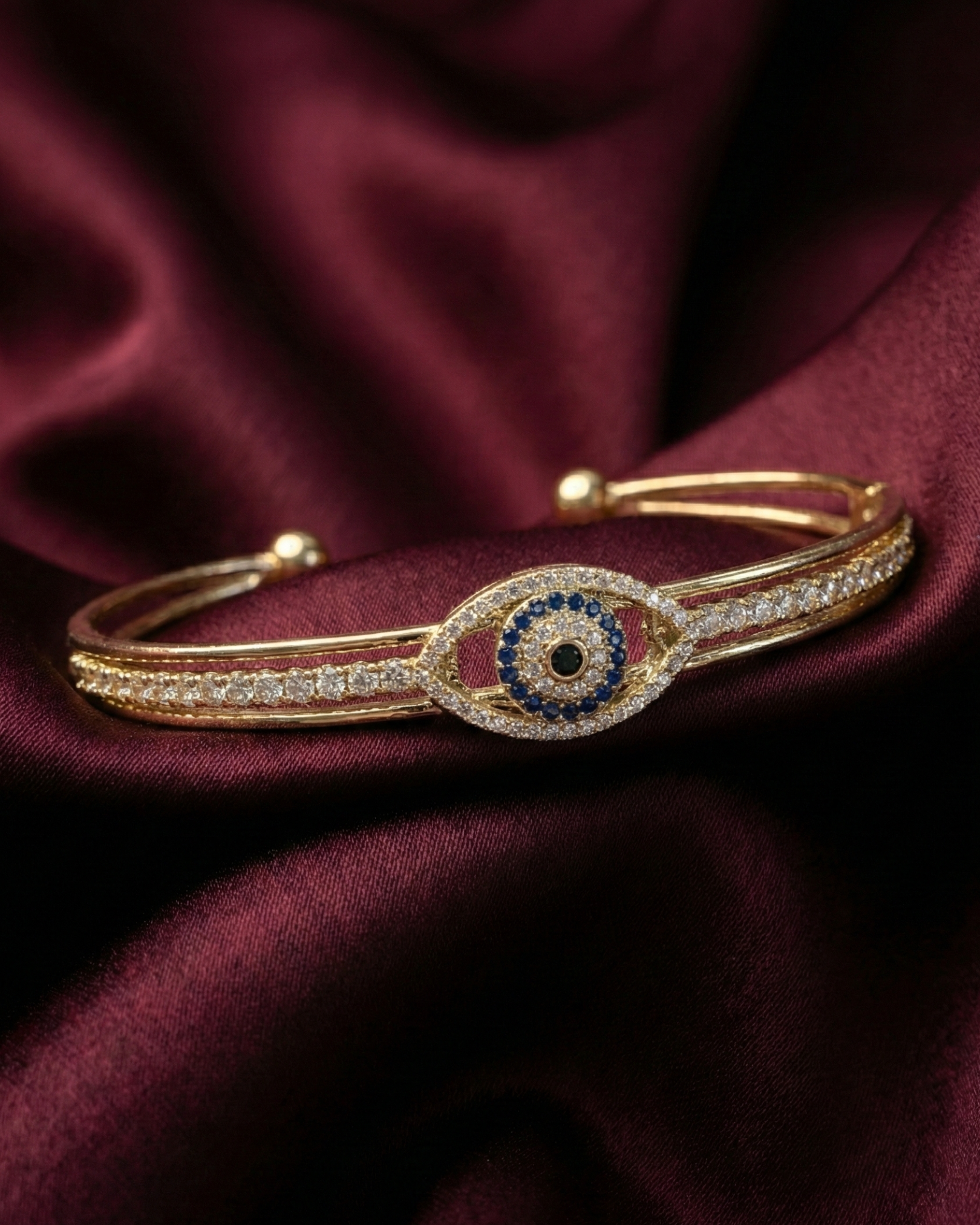Maestra Cyanne 18k gold-plated evil eye cuff, blue stone protection jewelry, waterproof and sweat-proof.