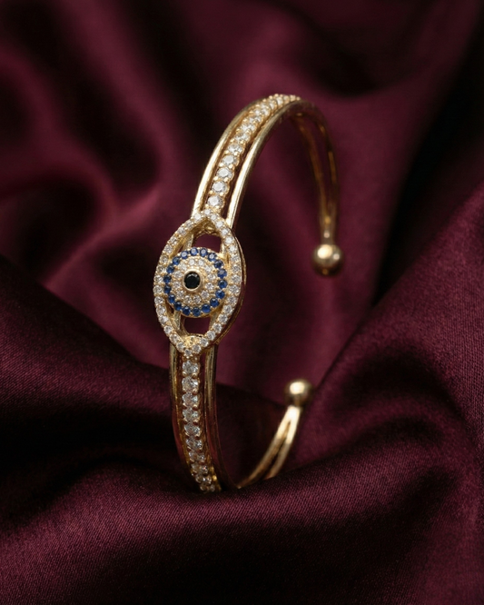 Maestra Cyanne 18k gold-plated evil eye cuff, blue stone protection jewelry, waterproof and sweat-proof.
