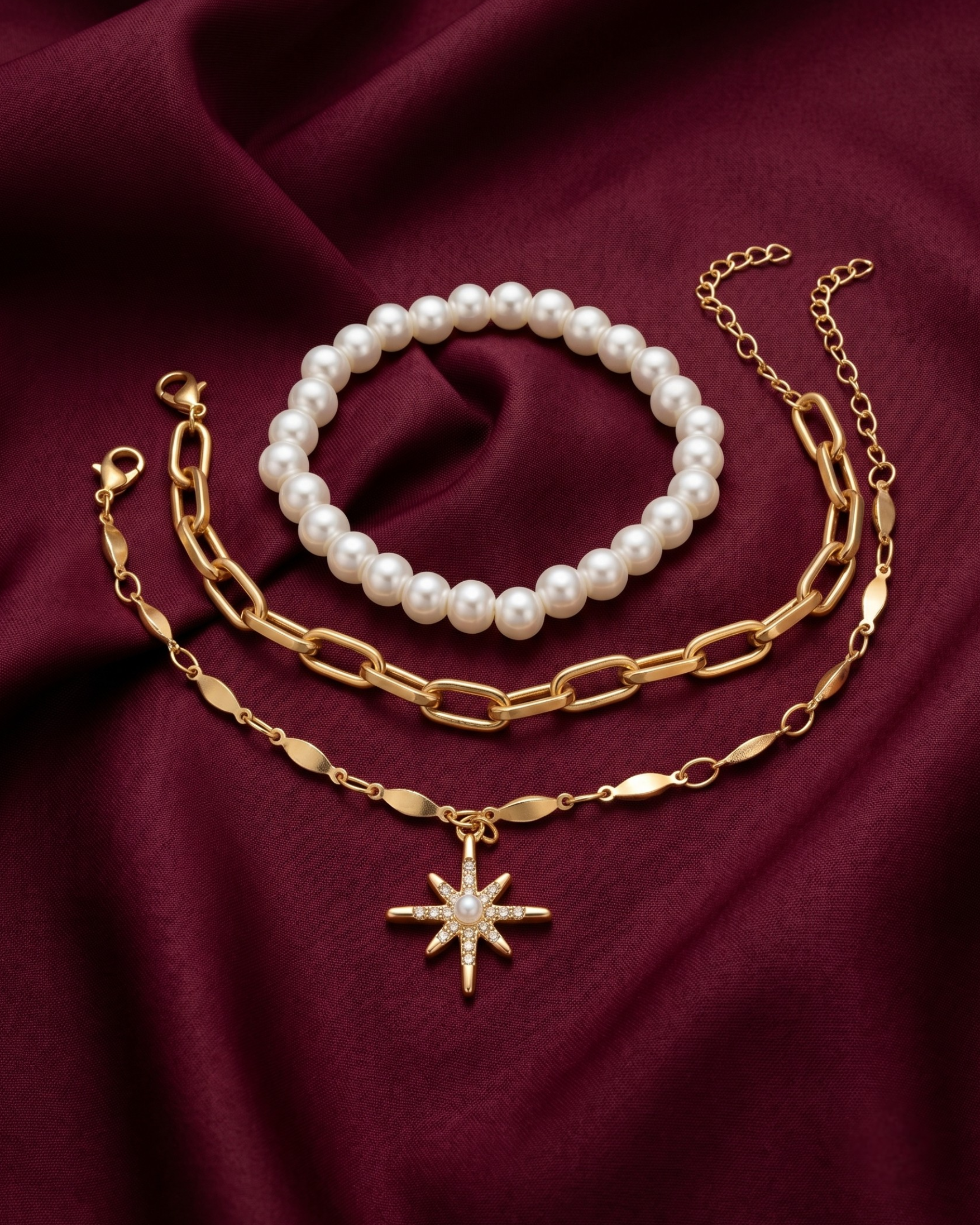 Gold plated pearl and paperclip bracelet stack for women. 3 piece layered link bracelets India. Lightweight office wear jewelry for working women. White pearl and crystal starburst charm bracelet set alloy. Diwali and Rakhi jewelry gifts for wives. Gold tone festive wrist accessories for girls and friends.