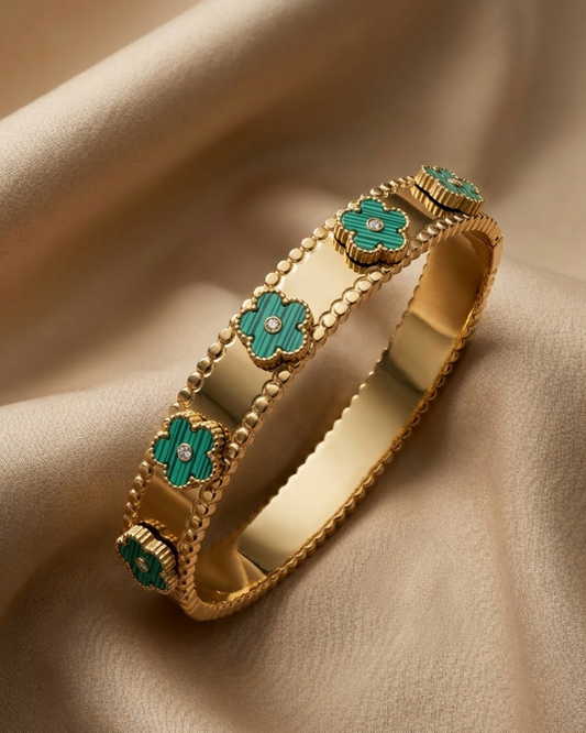 Maestra Emerald Bloom 18k gold-plated floral bangle with green malachite, waterproof floral jewelry.