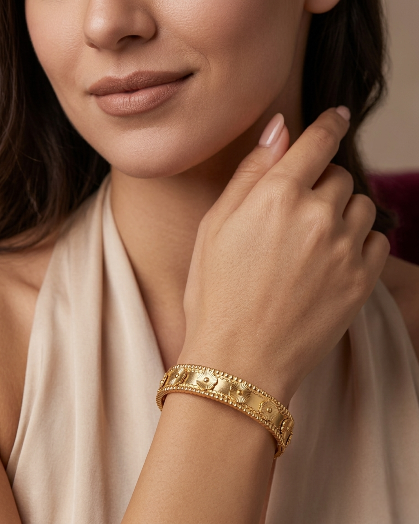 Maestra Flora Radiant Bloom 18k gold-plated floral bangle, feminine anti-tarnish jewelry for spring styling.
