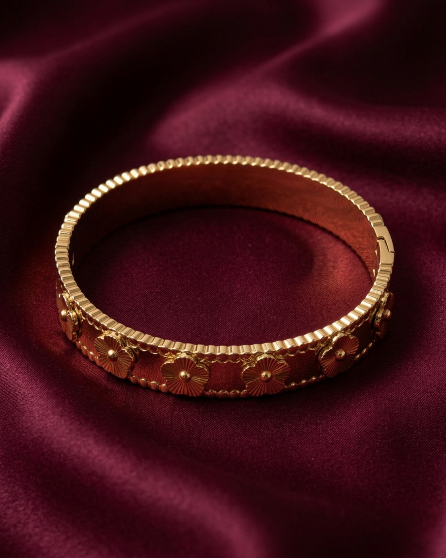 Maestra Flora Radiant Bloom 18k gold-plated floral bangle, feminine anti-tarnish jewelry for spring styling.