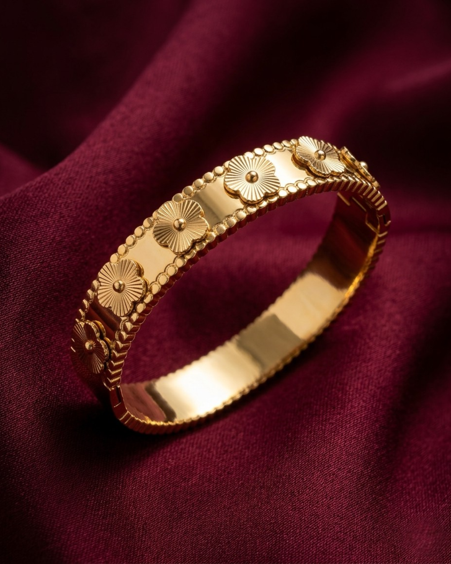 Maestra Flora Radiant Bloom 18k gold-plated floral bangle, feminine anti-tarnish jewelry for spring styling.