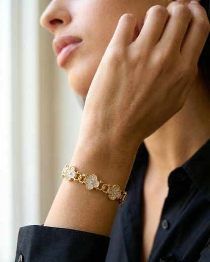 Maestra Fortuna 18k gold-plated clover bangle, lucky charm waterproof demi-fine jewelry staple.