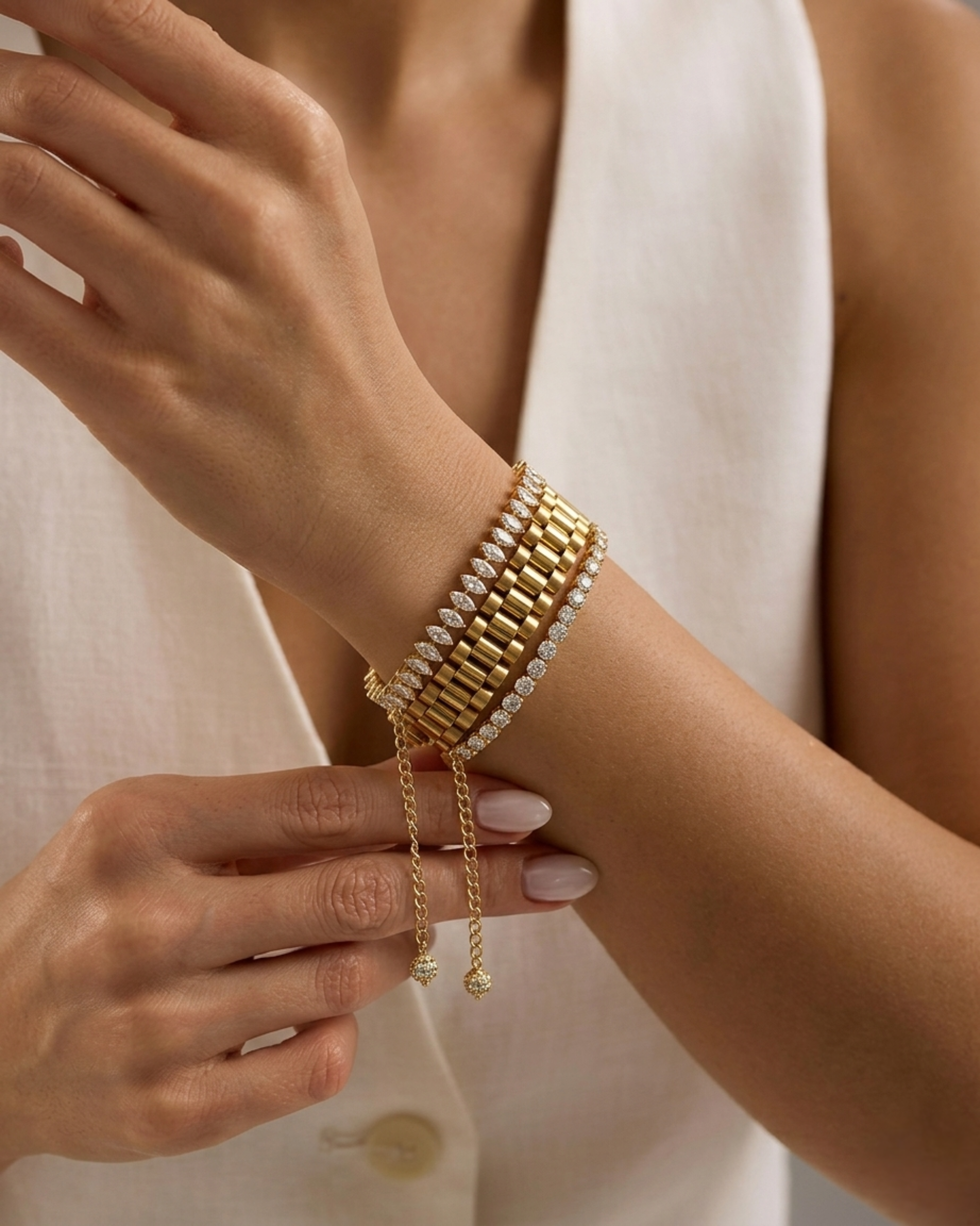 Model styling the Premium anti-tarnish stainless steel watchlink, marquise, and American Diamond tennis bracelet for a corporate 9-to-5 look.