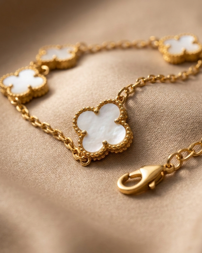 Maestra Hera white clover layered necklace stack, 18k gold-plated waterproof clover and laurel leaf chain set.