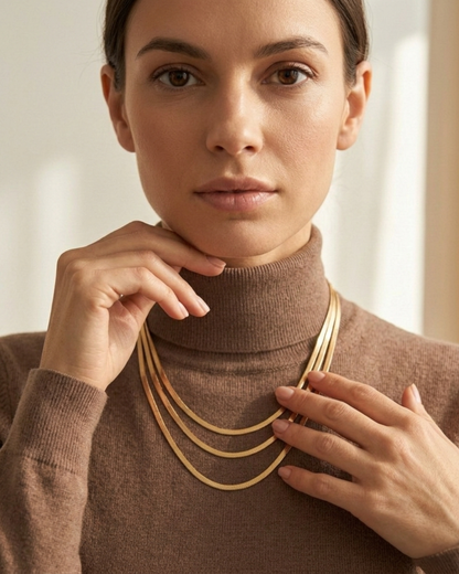 Maestra Trinity 18k gold-plated snake chain necklace, minimalist waterproof flat link chain for layering.