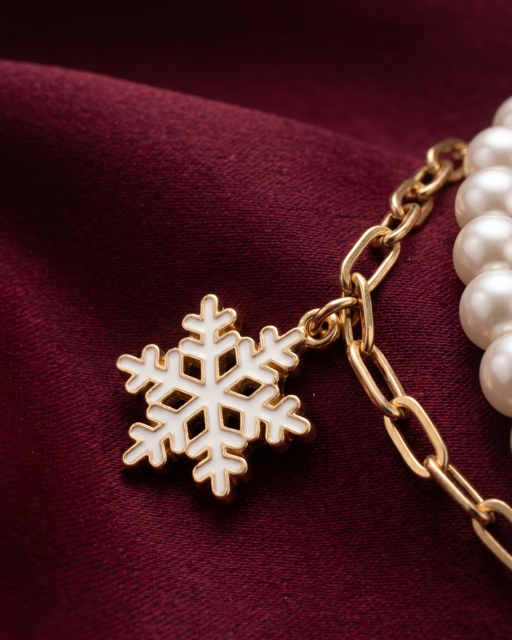 Gold plated pearl bracelet stack for women. 2 piece layered snowflake charm bracelets India. Lightweight office wear jewelry for working women. White pearl and paperclip chain bracelet set alloy. Diwali and Rakhi jewelry gifts for wives. Gold tone festive wrist accessories for girls and friends.