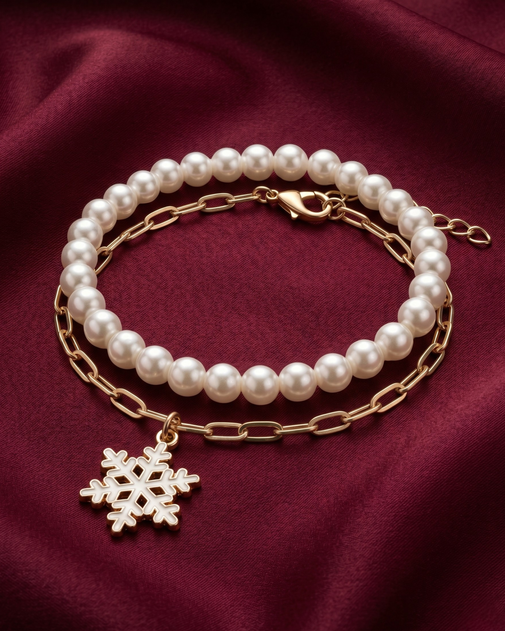 Gold plated pearl bracelet stack for women. 2 piece layered snowflake charm bracelets India. Lightweight office wear jewelry for working women. White pearl and paperclip chain bracelet set alloy. Diwali and Rakhi jewelry gifts for wives. Gold tone festive wrist accessories for girls and friends.