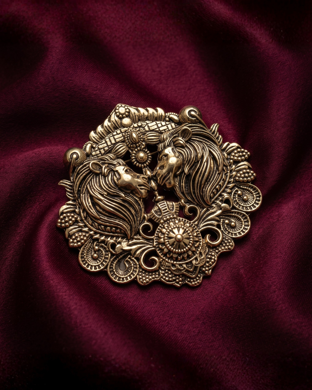 Dual Lion Brass Brooch