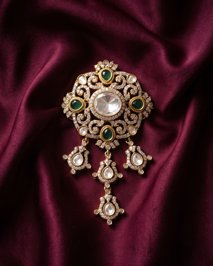 Royal Nizam Polki Brass Brooch - Green