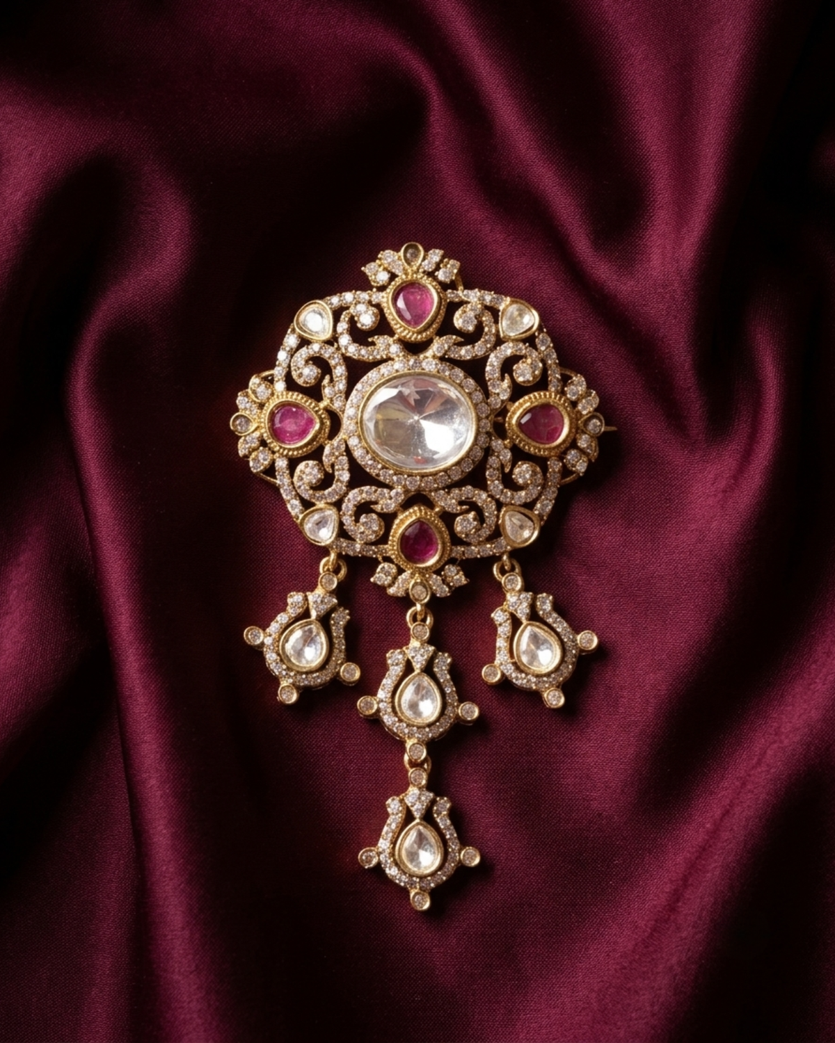 Royal Nizam Polki Brass Brooch - Maroon