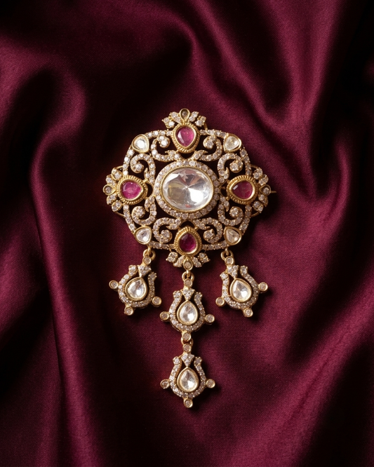 Royal Nizam Polki Brass Brooch - Maroon