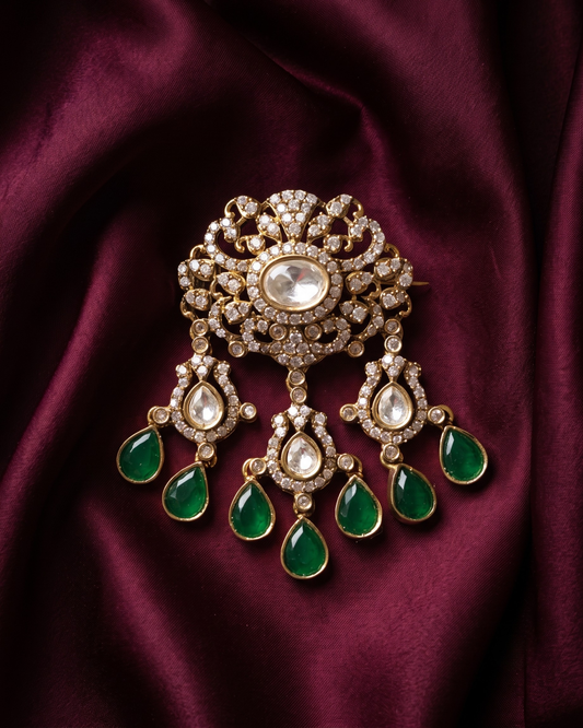 Royal Darbar Polki Brass Brooch - Green