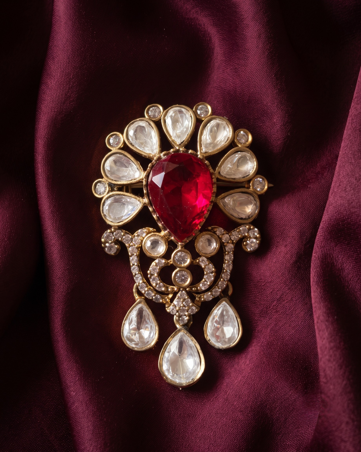 Surajmukhi Polki Drop Brooch - Red