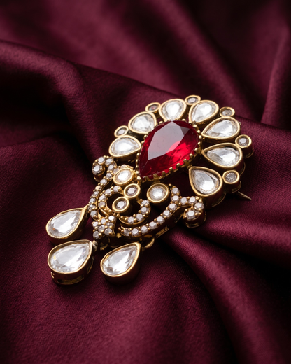 Surajmukhi Polki Drop Brooch - Red