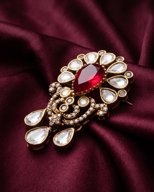 Surajmukhi Polki Drop Brooch - Red