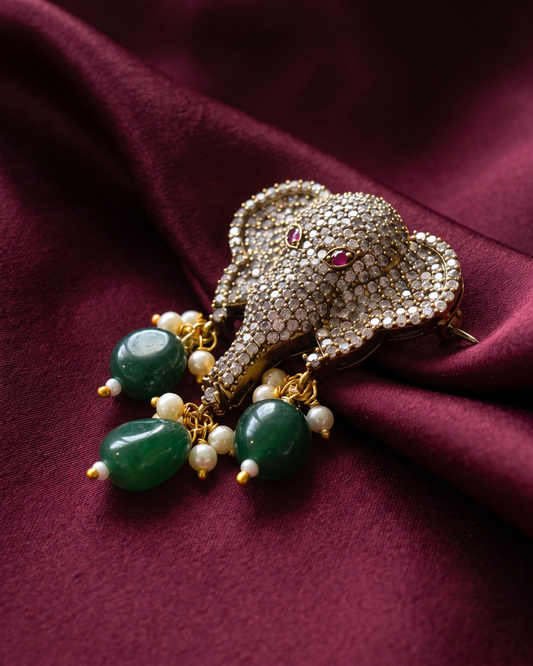 Gaja Polki Drop Brooch - Green