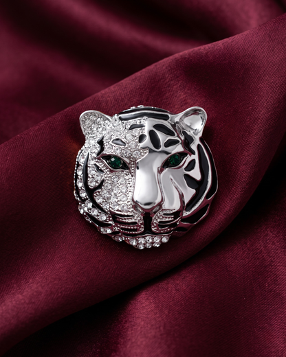 Royal Tiger Face Crystal Brooch - Silver
