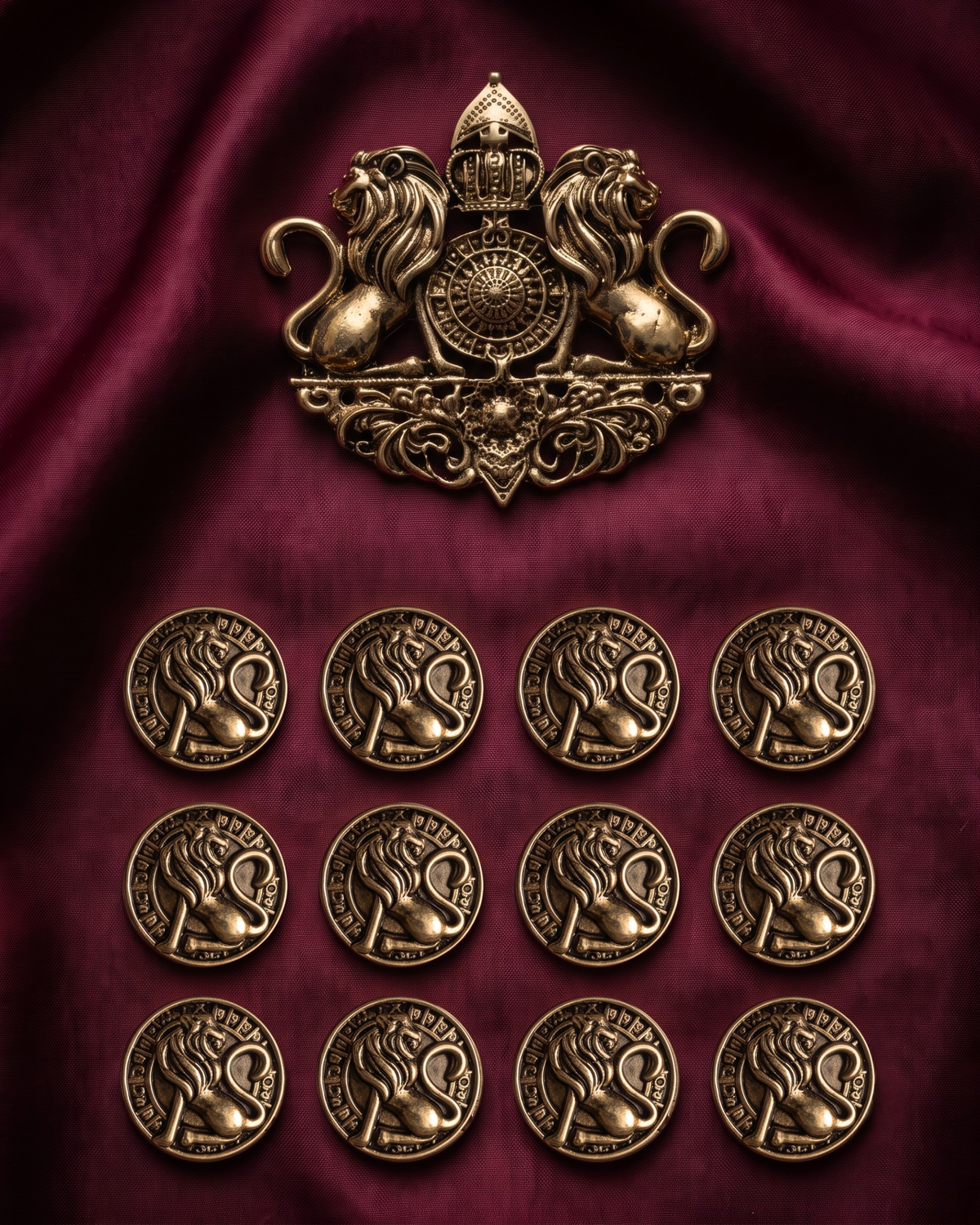 Lion & Sun Wheel Brooch & Metal Button Set