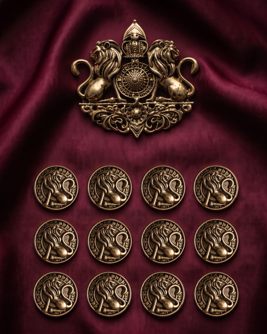 Lion & Sun Wheel Brooch & Metal Button Set