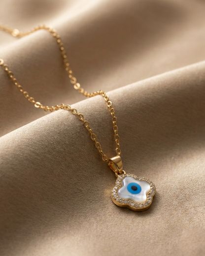 Maestra Gia 18k gold-plated evil eye clover necklace, protective demi-fine jewelry, waterproof and tarnish-free.
