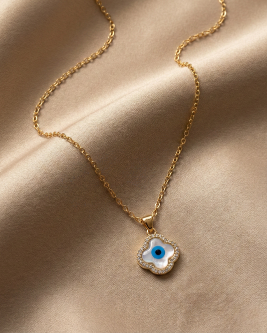 Maestra Gia 18k gold-plated evil eye clover necklace, protective demi-fine jewelry, waterproof and tarnish-free.