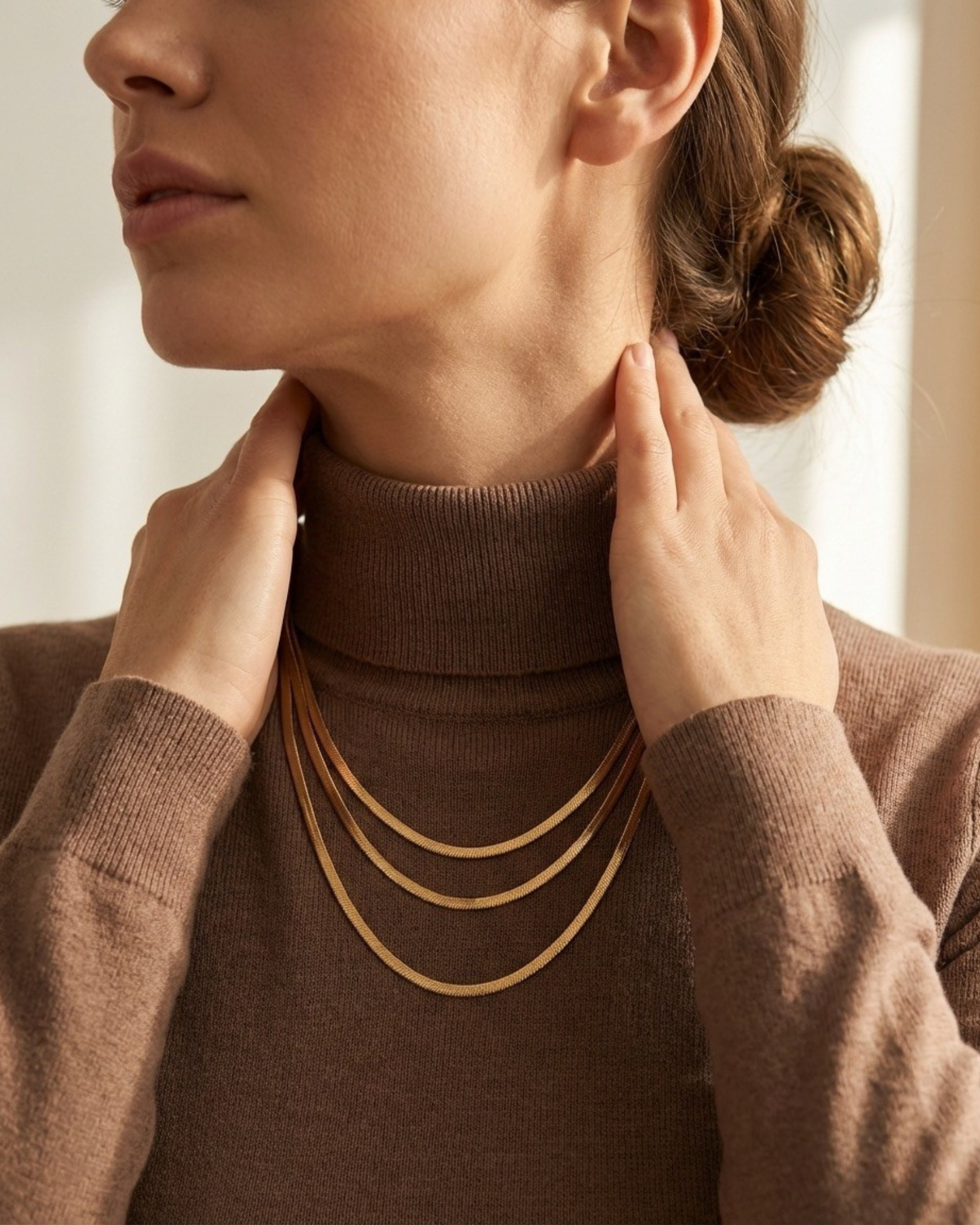 Maestra Trinity 18k gold-plated snake chain necklace, minimalist waterproof flat link chain for layering.