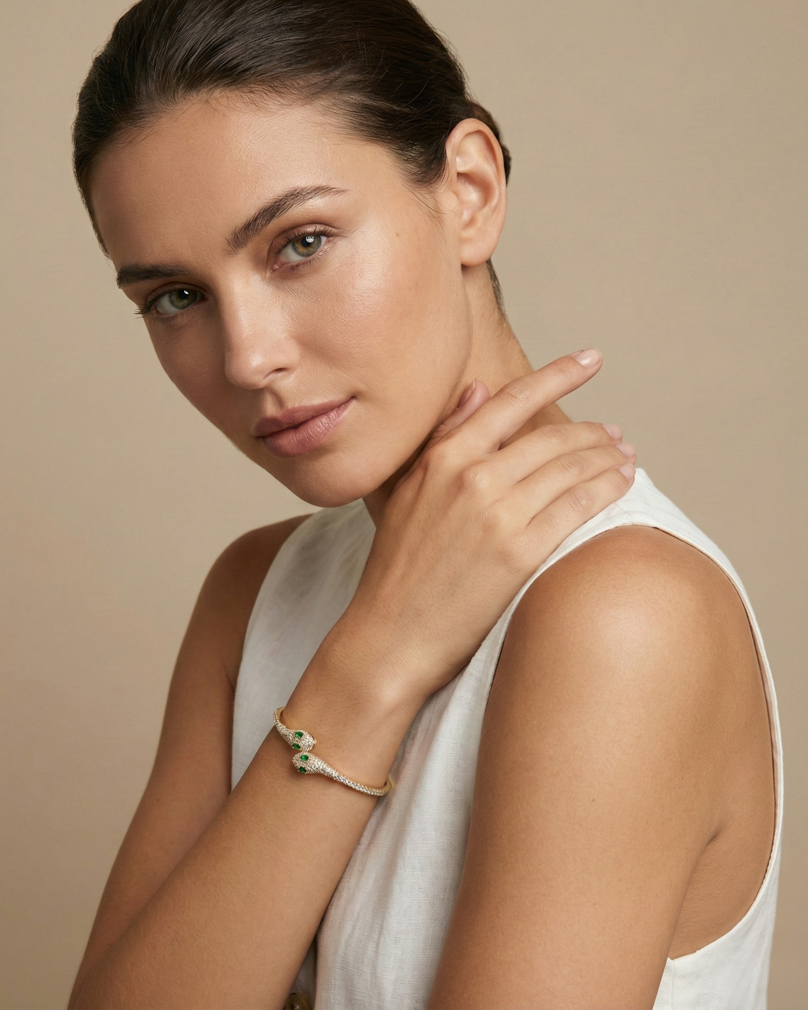 Maestra Medusa 18k gold-plated serpent cuff, bold animal-motif waterproof demi-fine jewelry.