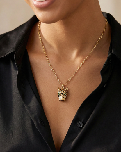 Maestra Panthera 18k gold-plated panther link necklace for women, bold animal-inspired luxury jewelry, waterproof.