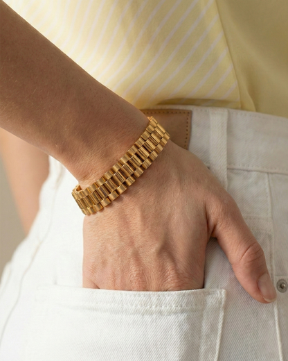 Maestra Regalia 18k gold-plated watchlink bracelet, luxury office-style waterproof jewelry for daily wear.