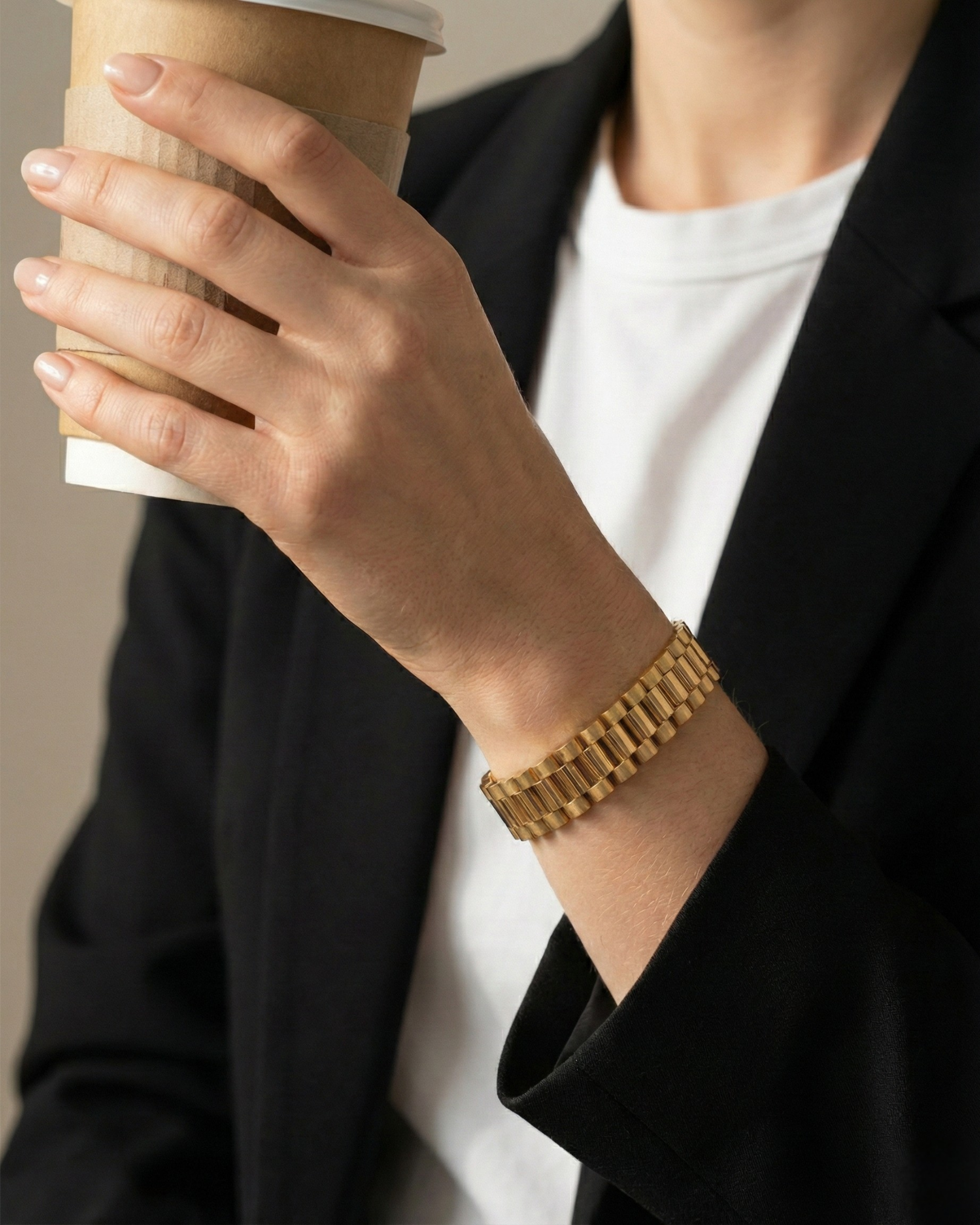 Maestra Regalia 18k gold-plated watchlink bracelet, luxury office-style waterproof jewelry for daily wear.